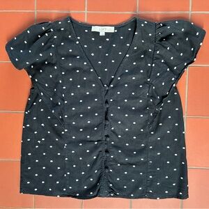 LOFT Black Linen Blend Flutter Sleeve Button Up Blouse White Polka Dots size S